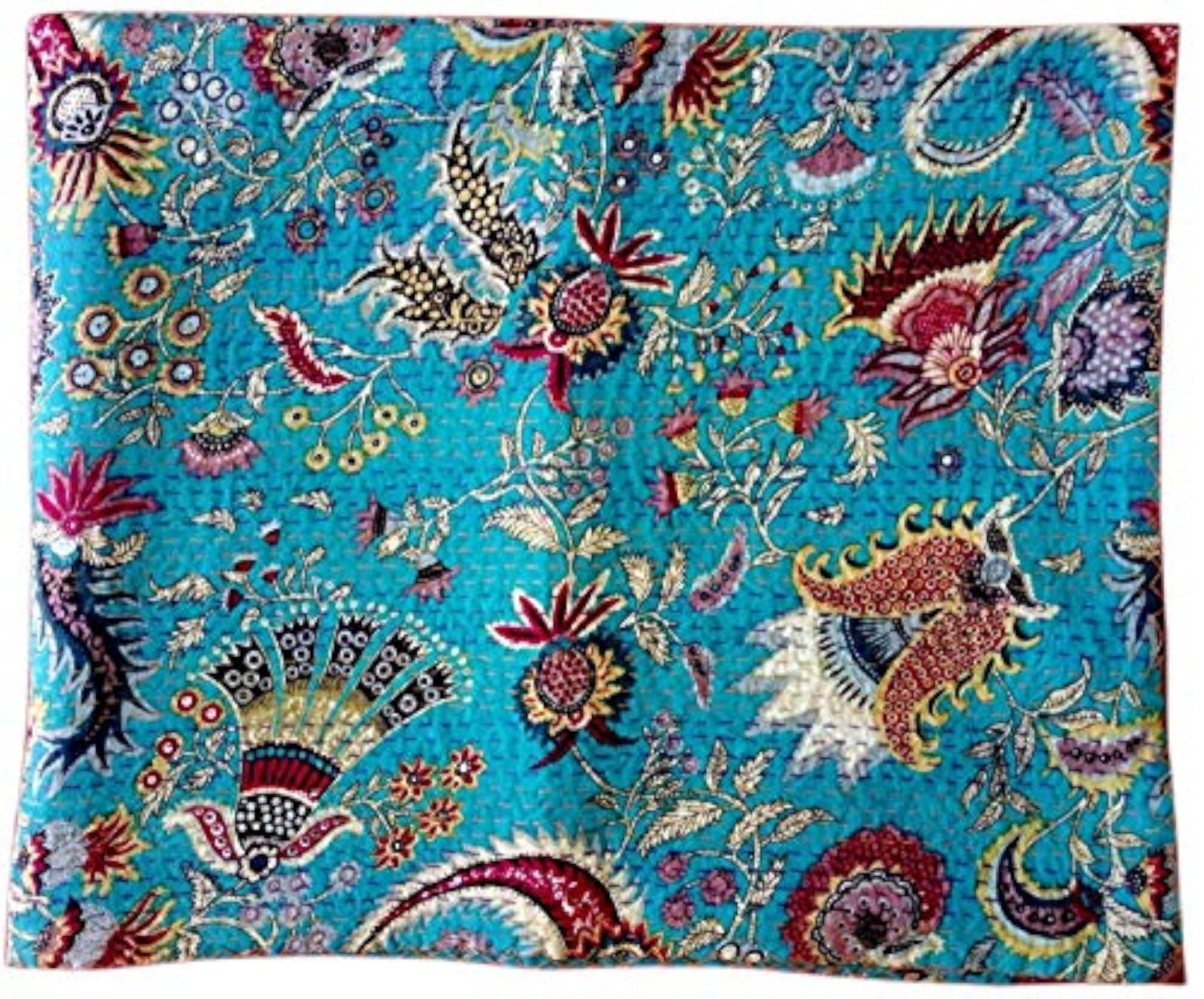 Bird Print Cotton Handmade Bedspread Kantha Quilt, King Size