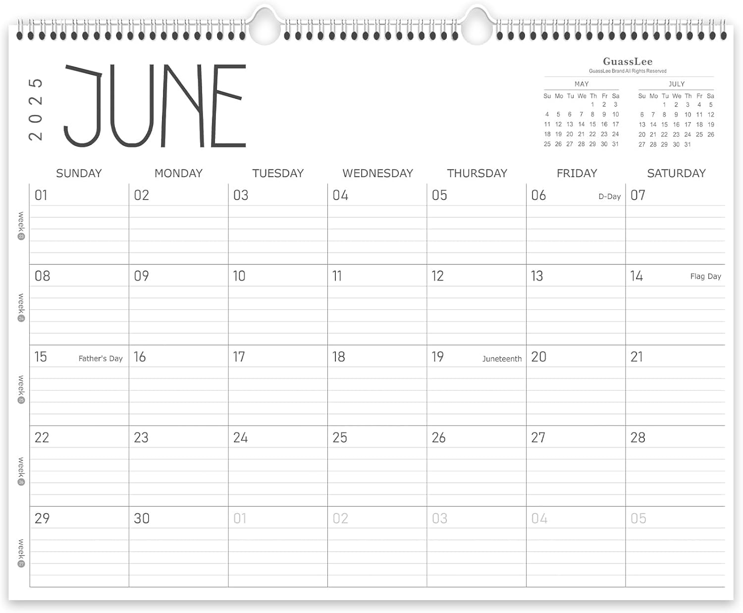Guasslee Large Wall Calendar 2025-2026, 12 Monthly Calendar from 2025 June-May 2026 Jumbo 22"x17" Hanging Desk/Wall Planner with Spiral Bound for School Home Office Organizing Jun 12month 22"x17"