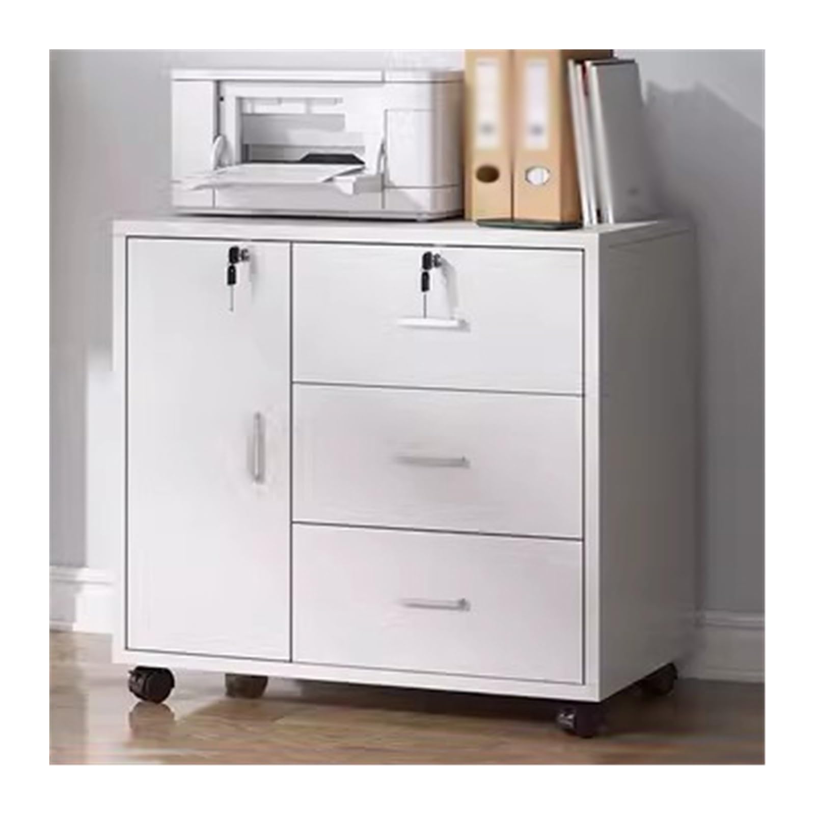 Aioneer File Cabinet Filing Cabinet Wooden Low Cabinet Three Drawers With One Storage Cabinet Filing Cabinet Lockable Storage Office Filing With Removable Rollers Filing Cabinet-White