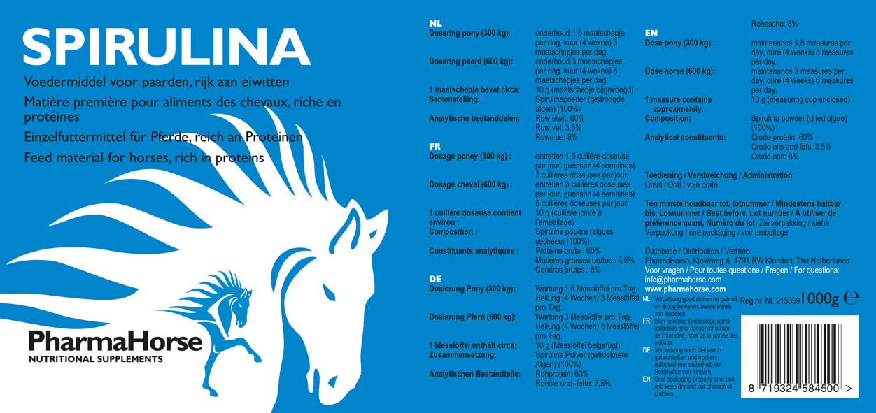 PharmaHorse Spirulina | Alghe essiccate | 100% Senza doping | 100% Senza zuccheri aggiunti | 1000 Grammi