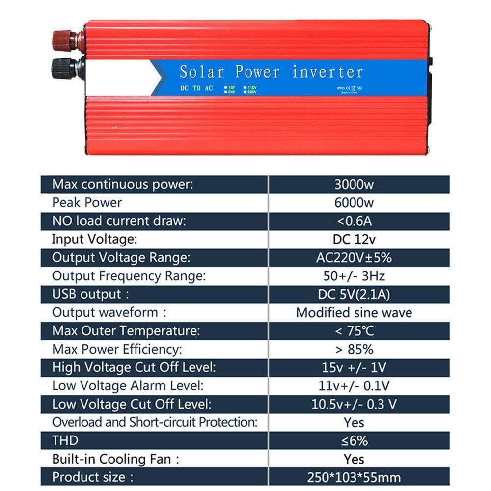 Adapter do ładowarki samochodowej z portem USB, konwerter sinusoidalny 3000 W (szczyt 6000 W), DC 12 V / 24 V do AC 110 V / 230 V przetwornica napięcia (12 V To110 V)
