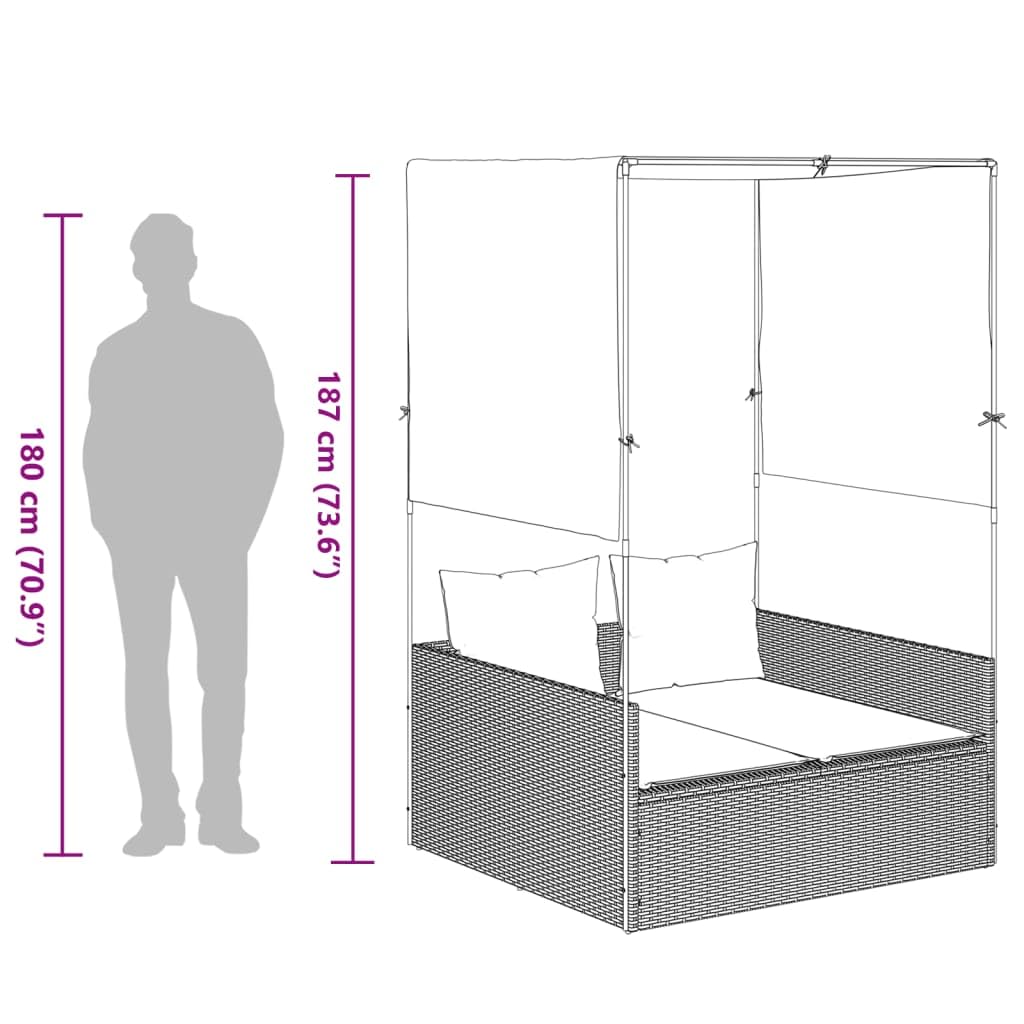 vidaXL Chaise Longue Double avec Toit et Rideaux Gris résine tressée