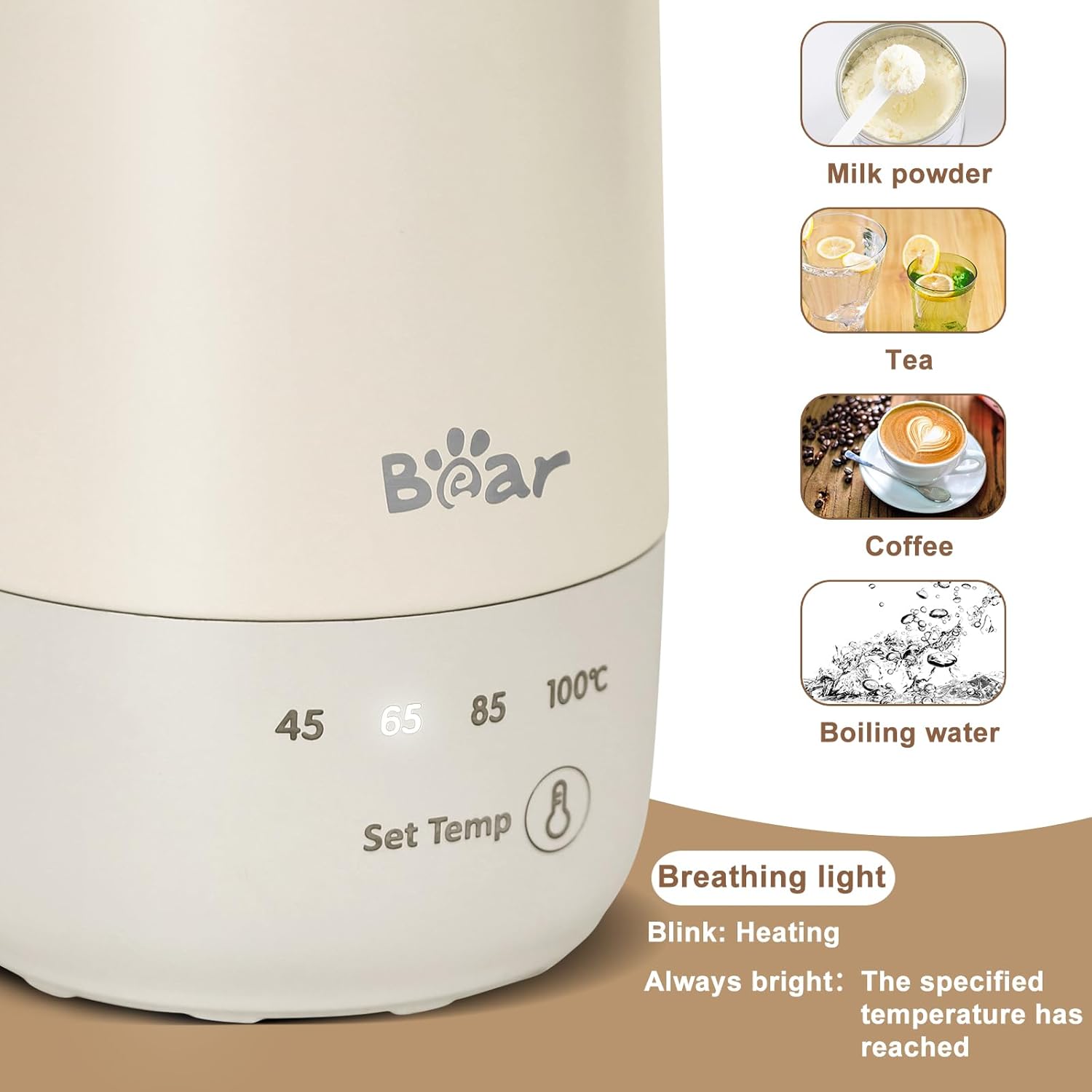 Close-up of kettle base showing temperature settings and breathing light
