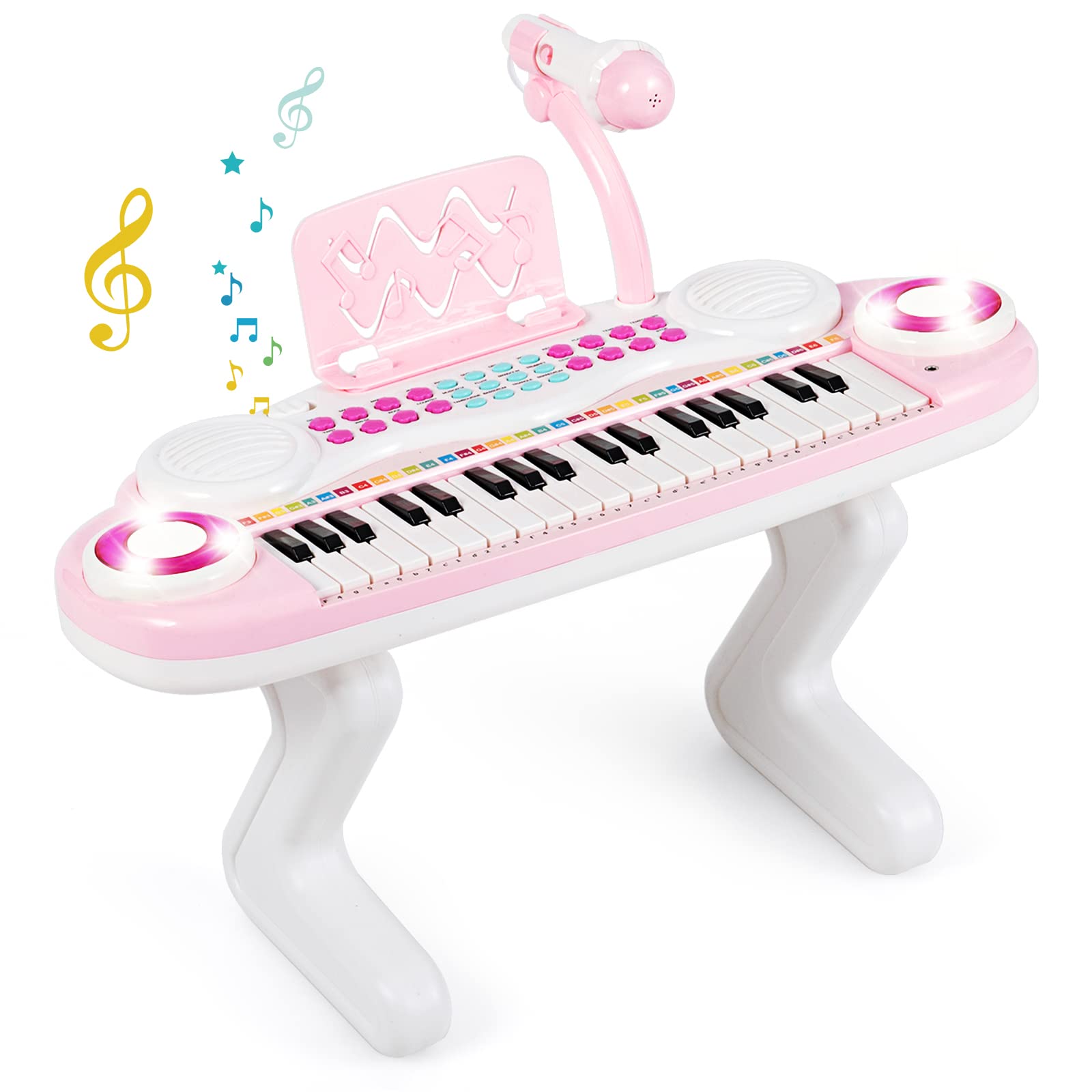 DREAMADE Piano Numérique pour Enfants 37 Touches, Clavier Électronique pour Enfants avec Microphone,Fonction d'Enregistrement et de Lecture,Effets d'Éclairage&Accessoires Abondants (Rose)