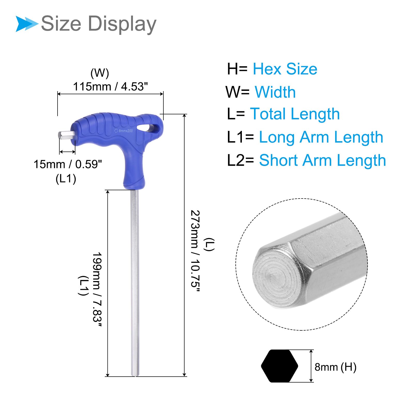 CoCud T-Handle Hex Key, 8mm Hex, CR-V Steel Metric T-Key Wrench Blue - Image 2