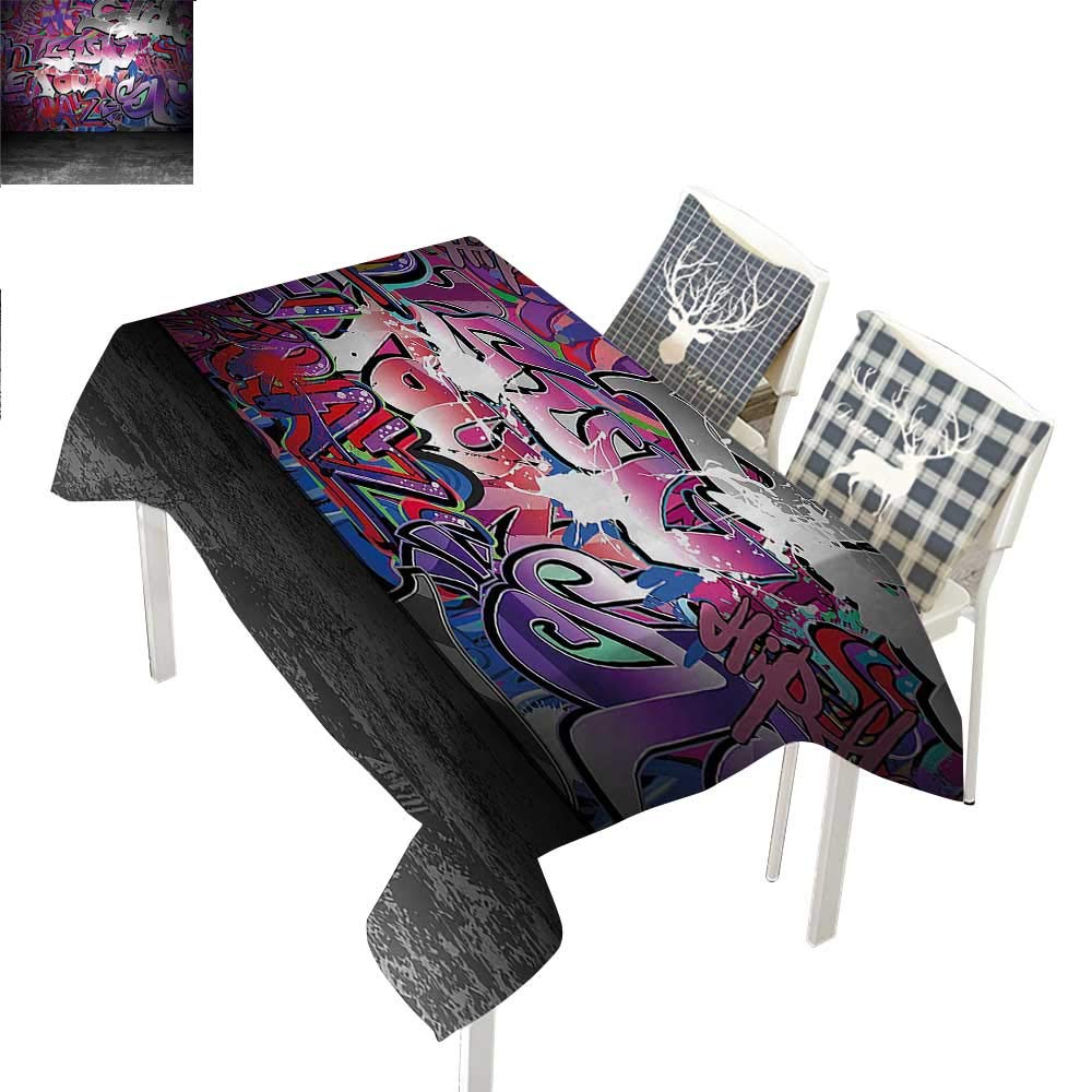 Graffiti Decir Table Cover Urban Grunge Street Art Wall Backdrop with Hip Hop Funk Figures DesignPurple Silver Rectangular Tablecloth W52 xL70 inch