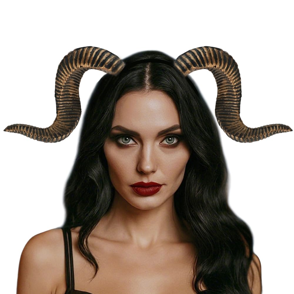 Women Halloween Devil Horns Headband Gothic Demon Witch Hairband Ox Sheep Horn Hair Hoop Headdress Day of the Dead Headwear Halloween Cosplay Party Headpiece Fancy Dress Costume Hair Accessory