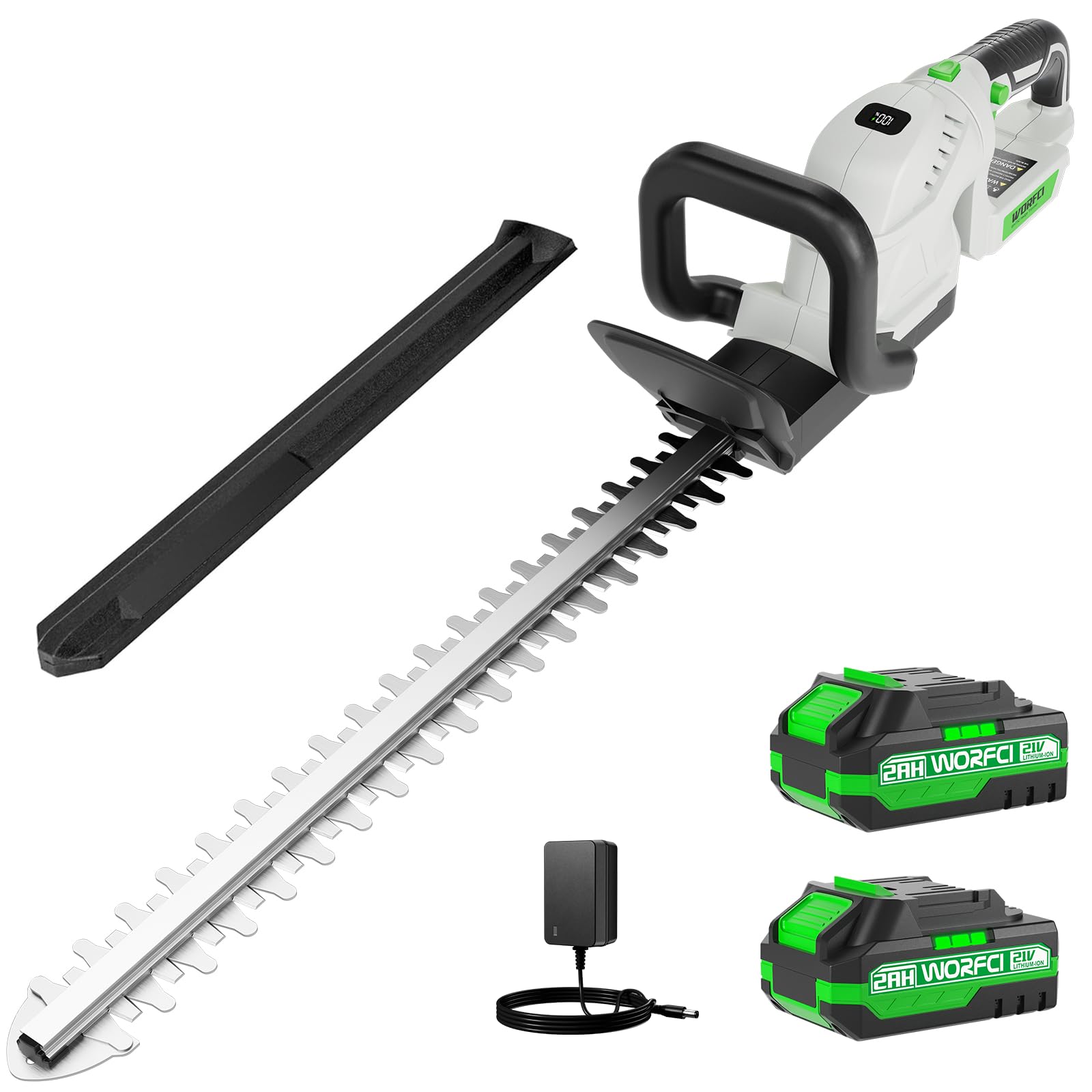 Tagliasiepi senza fili da 20 pollici (include 2 batterie e caricabatterie), tagliasiepi elettrico portatile, manico girevole a 180°, tagliasiepi per erba, leggero e compatto, bianco