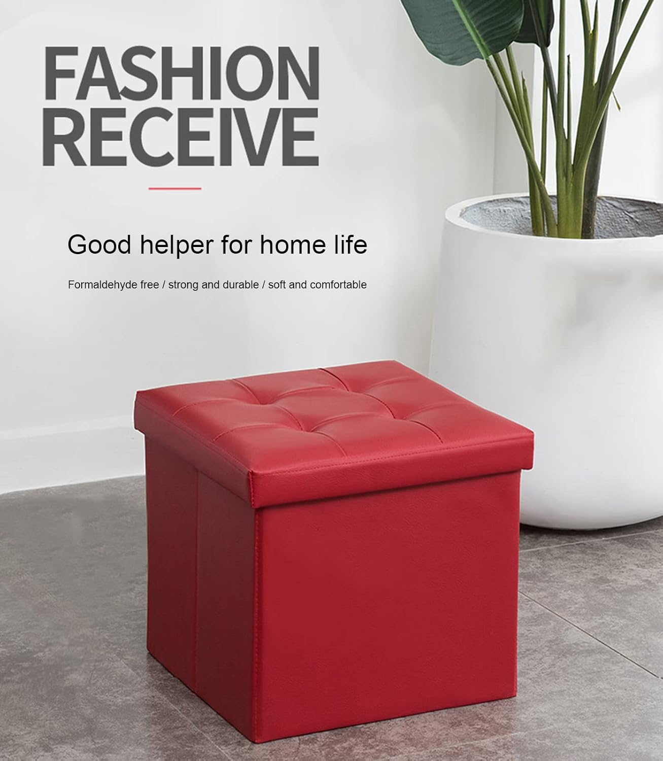 Storage Ottoman - Foldable Leather Footrest with Sponge Padded Seat - for Home, Bedroom, Or Living Room - 15 X 15 X 15 Inch,A