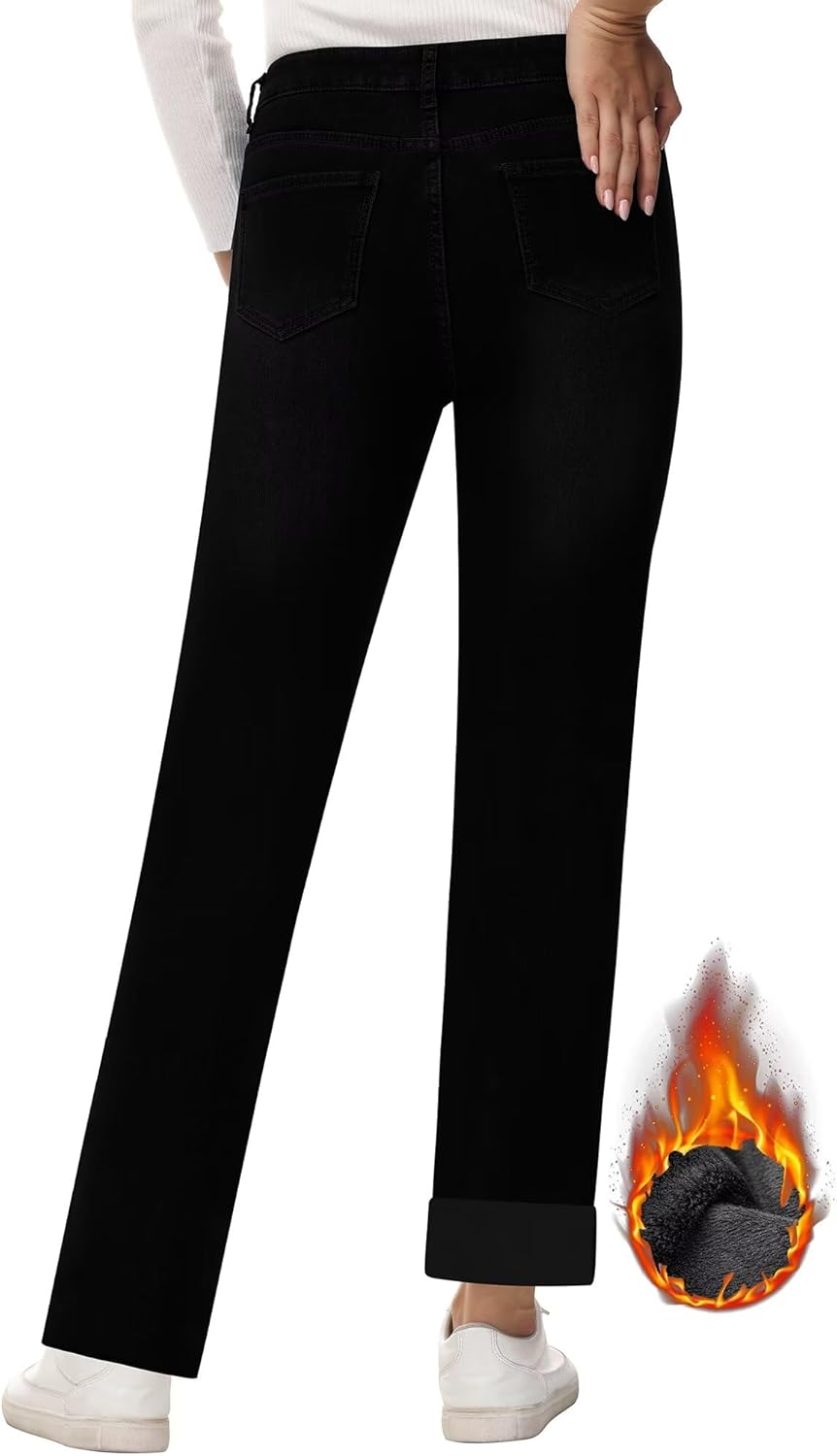 KDF Women's Fleece Lined Jeans Women Straight Leg Winter Fleece Lined Pants High Waist Lined Jeans Heated Wide Leg Jeans - Image 6