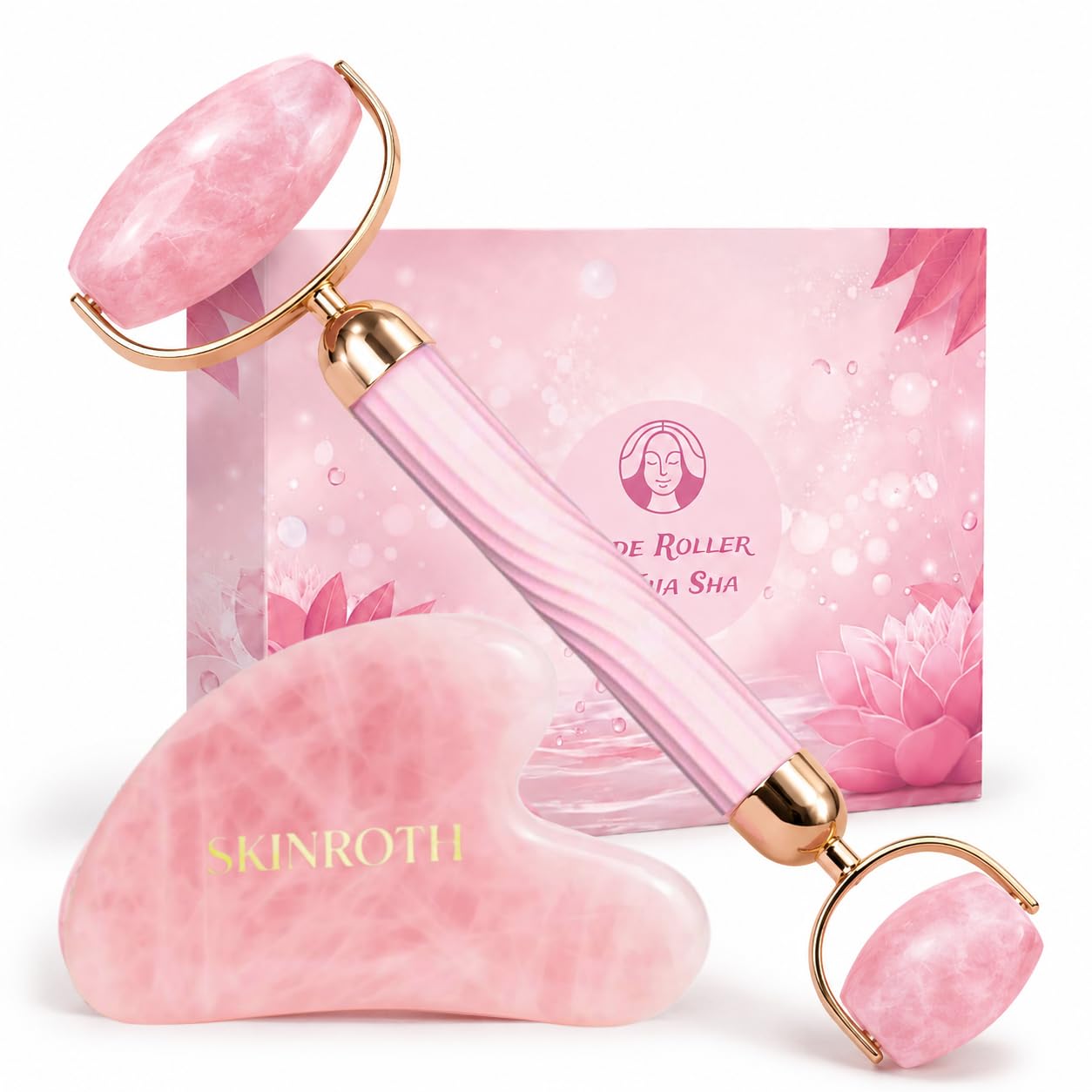 Pro Grade Rose Quartz Roller & Gua Sha Set | Facial Massager for Face Sculpting, Lymphatic Drainage, Puffiness Reduction | Unbreakable Metal Frame with Silicone Grip Handle-picture-47