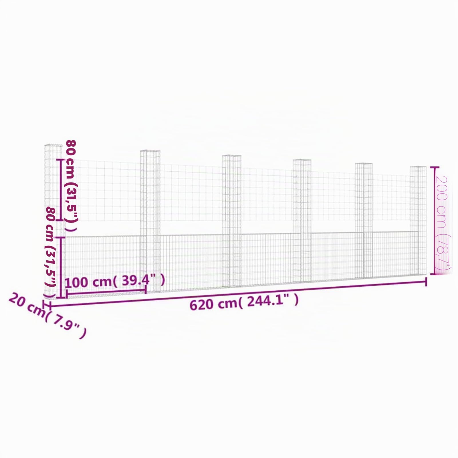 Festnight Gabionen 6 Säule Gabionenkorb Große Gabionenwand U Form Wand Gabionen Zaun Metall Steinkorb Wand Steingabionen Drahtkorb Gitterkörbe Dekorative Zäune Gartendeko Eisen 620x20x200 cm