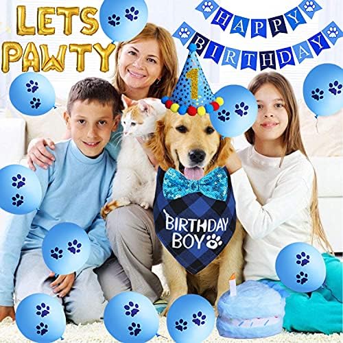 STMK Dog Birthday Party Supplies, Dog Birthday Bandana Boy with Birthday Party Number Hat Bowtie Cake Toy Lets Pawty Paw Balloons Dog Happy Birthday Banner for Dog Puppy Birthday Party Supplies,Blue