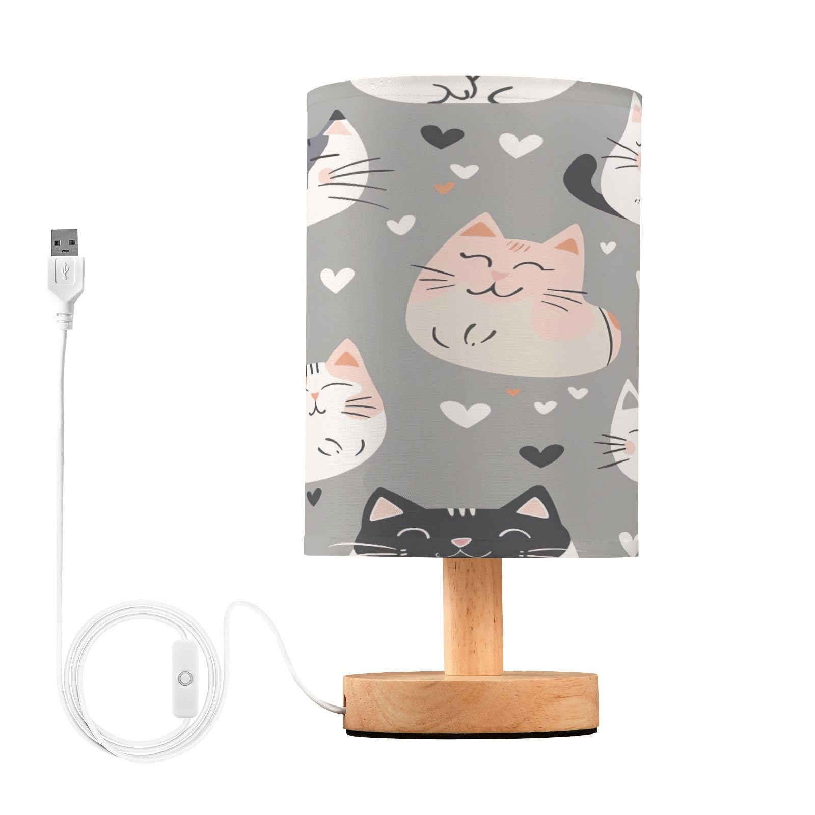 SKYSHU Cute Cat Bedside Table Lamp, Small LED Desk Light USB Nightstand Lamp with Non Slip Wood Base & Eye-Friendily Lampshade for Living Room Bedroom Dorm Home Office Desk Decor