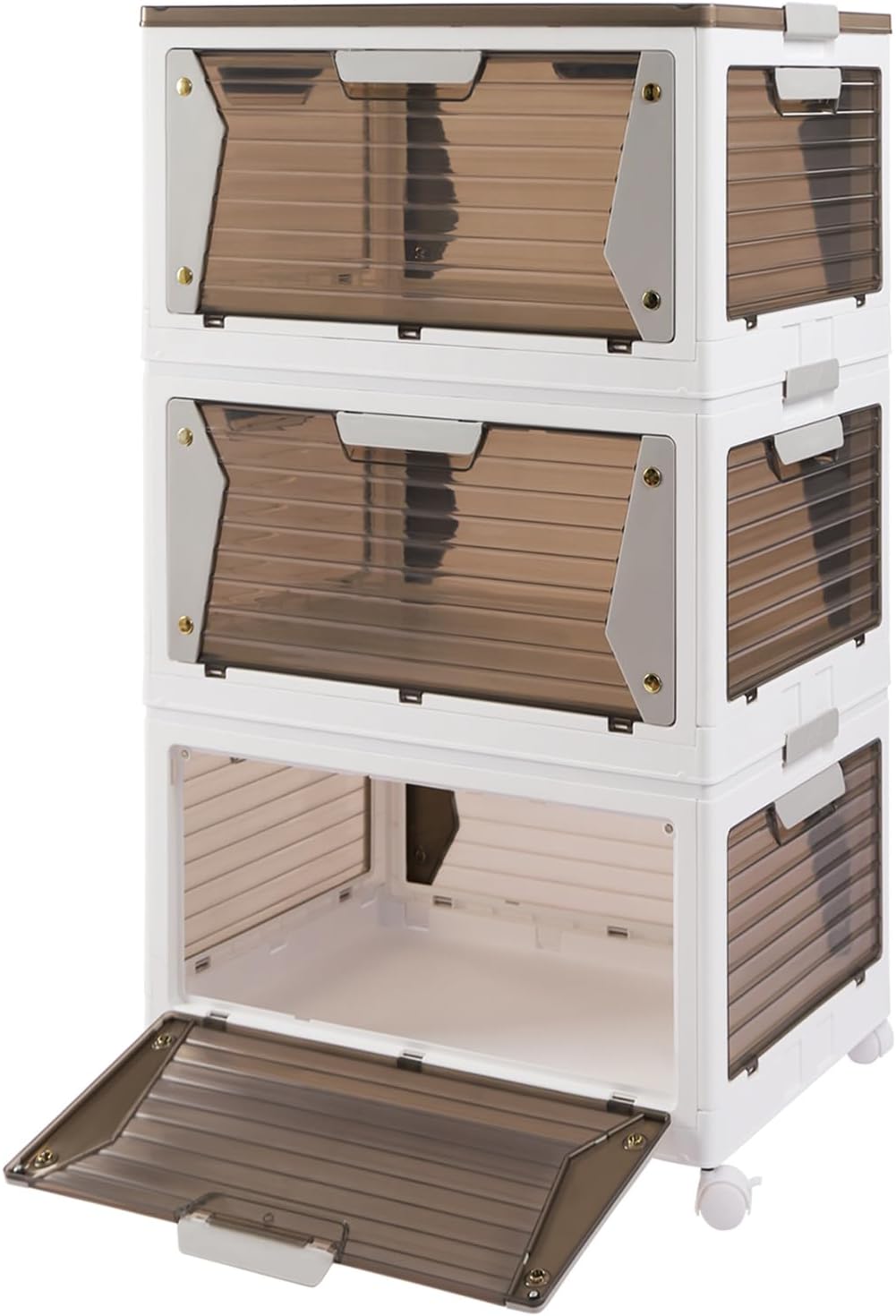 3-Tier Foldable Storage Organizer with Wheels and Brakes, Modern White PP Material Stackable Storage Bins for Home Organization of Books, Clothes, Toys and More
