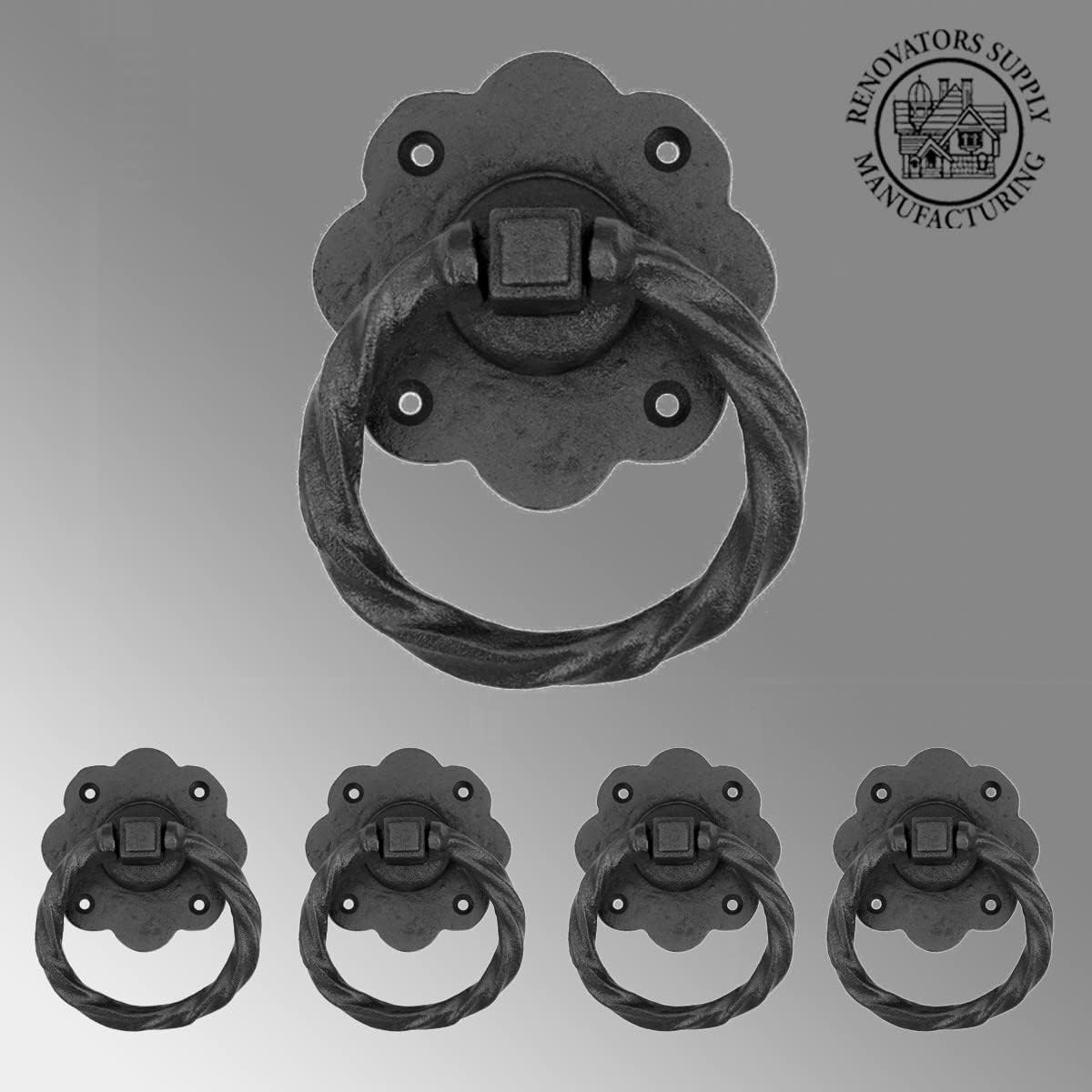 Renovators Supply Manufacturing Black Wrought Iron Cabinet Ring Pull Floral Roped Style 5 in. Antique RSF Rust-Resistant Powder Coat Finish Mounting Hardware Pack of 4