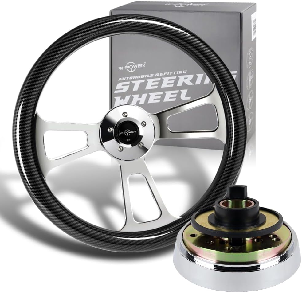 18" Universal 457mm 5 Bolt, 2.5 Inches Deep, Chrome Spokes, Wood Grip Steering Wheel With T04 Hub Adapter Compatible With T04 Kenworth, Peterbilt All Models (Carbon Painted Grip)