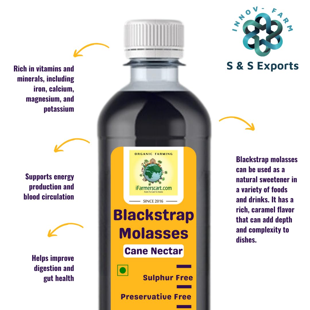 iFarmerscart Mélasse Blackstrap - 700g | Sans Soufre et Sans Conservateurs | Canne à Sucre Indienne Non-OGM | Récoltée à la Main des Rives Riches en Nutriments de la Rivière Kaveri