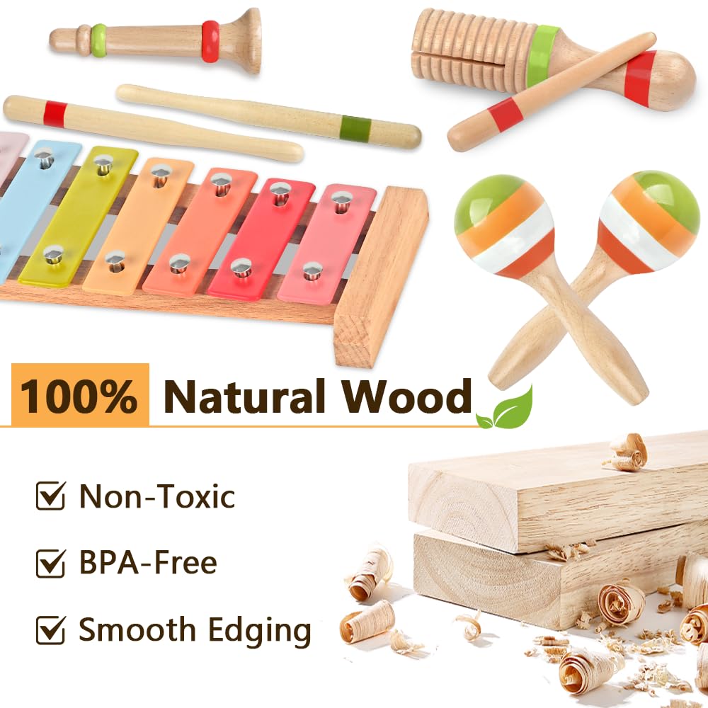 Baby Musical Instruments for Girls-Montessori Wooden Toys for Toddlers 1-3,Percussion Instruments Set with Xylophone Preschool Educational 3+ Christmas Birthday Gift for 1 2 3 Year Girls