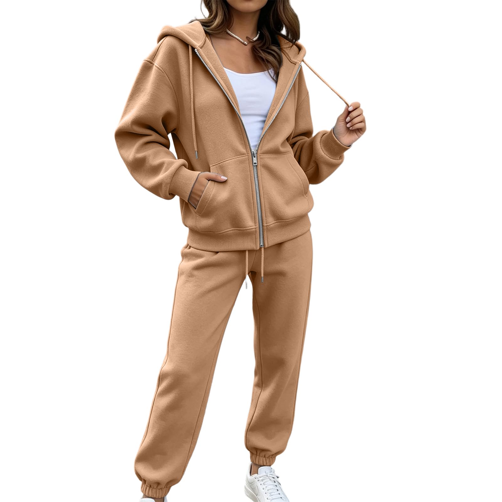 Matching Sets Women Clothing Active Zip Up Hoodie&Wide Leg Sweatpants