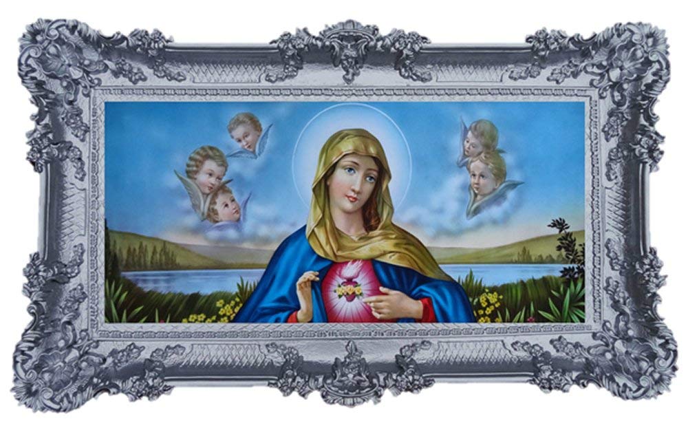 A. Collino piękny repro barokowy antyczny wygląd oprawiony obraz z ozdobnymi dekoracjami zamontowanymi w ramce motyw Jezus Maryja Józef Sacra rodzina ikony Repro 96 x 57 cm - srebrny