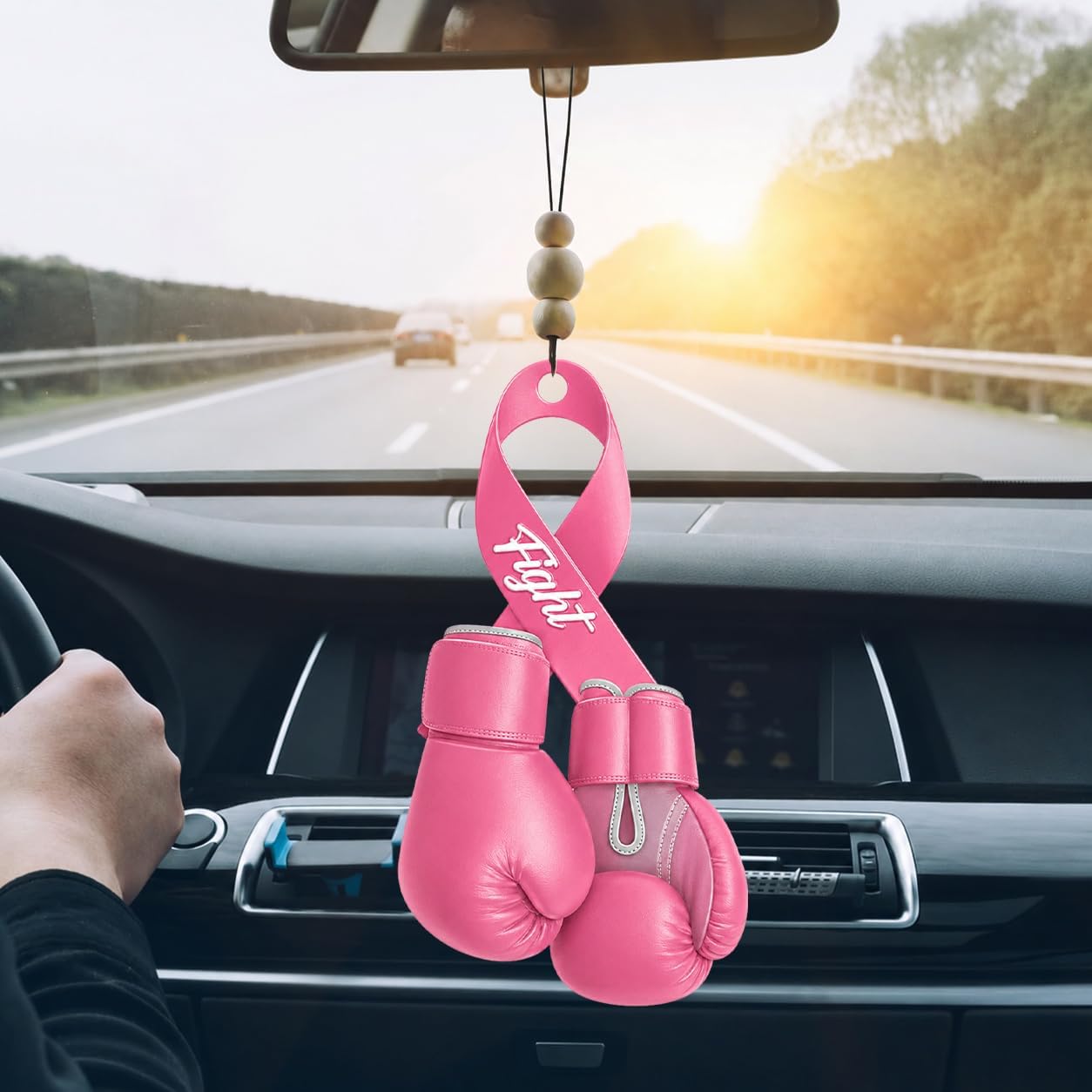 Talataca Breast Cancer 2D Flat Car Ornament & Wood Beads, Pink Ribbon Boxing Gloves Fight Beaded Rear View Mirror Accessories, Rearview Hanging Charm, Christmas Tree Decor Gift for Mom, Wife, Sister