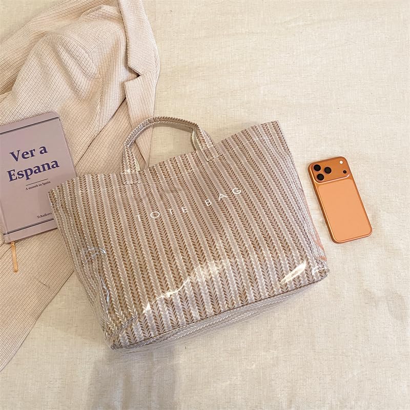 Image of Lushandy Striped PVC Tote Bag for Women, Waterproof Plastic Tote Bag for Beach Pool Large Top Handle Travel Hobo Handbag