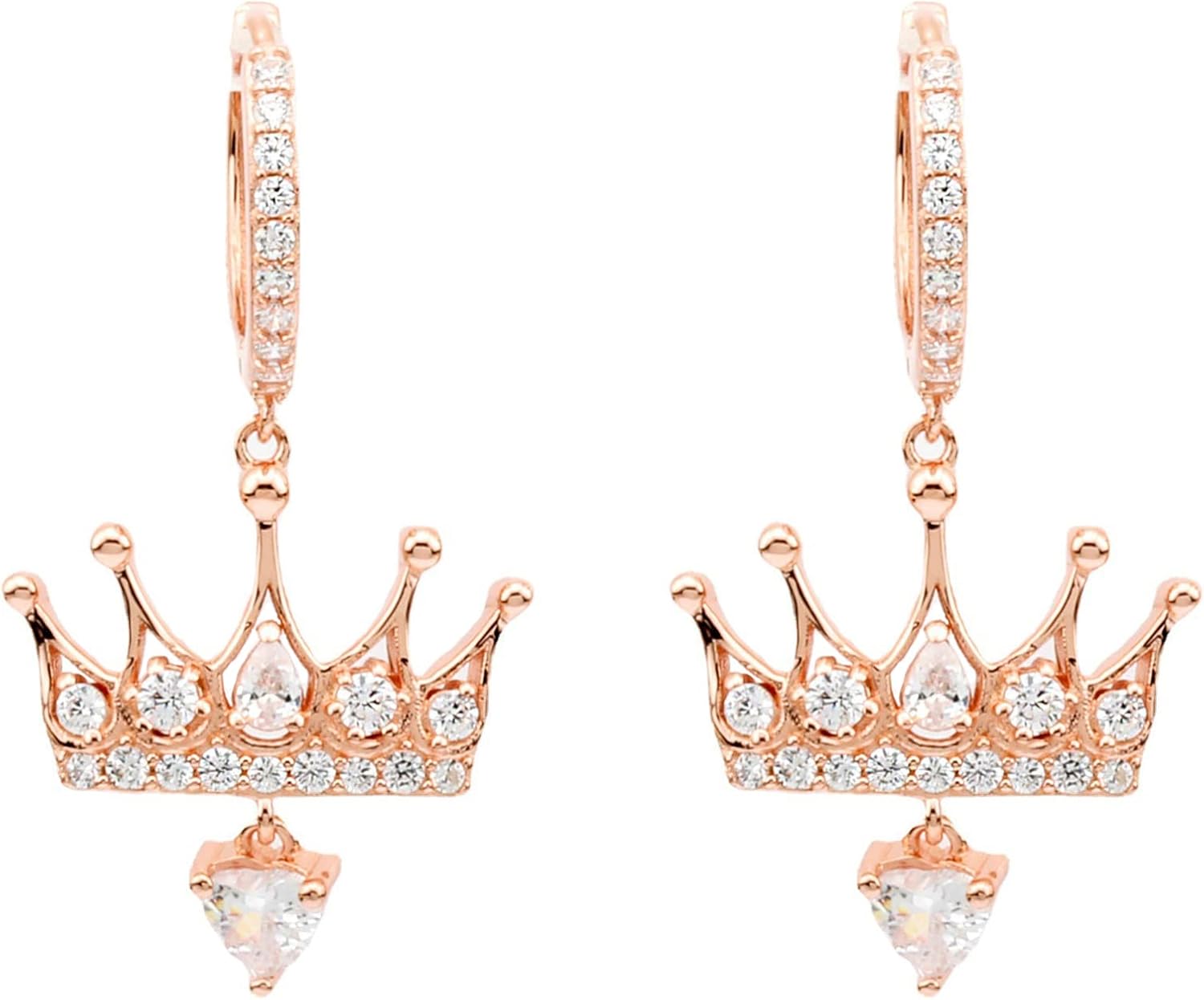 925 Sterling Silver Cubic Zirconia Princess Crown Dangle Huggie Hoop Earrings