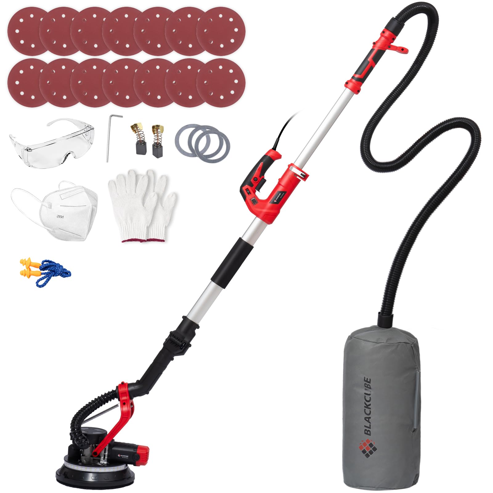 Blackcube Drywall Sander, 880W Electric Drywall Sander with Vacuum Dust Collection, Popcorn Ceiling Removal Tool 5 Variable Speed 1000-2100RPM with LED Lights, 14 Pcs Sanding discs