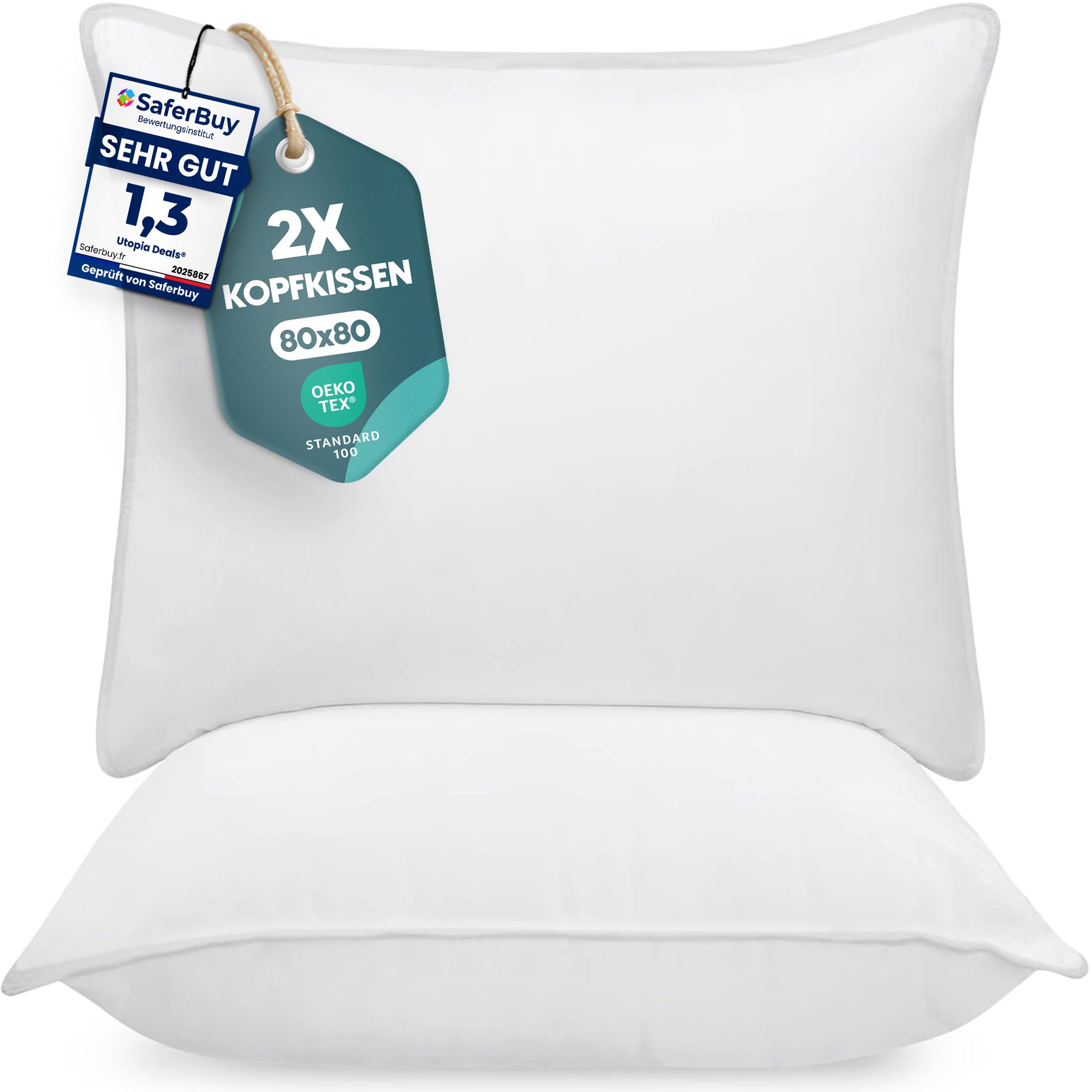 Utopia Bedding KopfKissen (2er Set), 80 x 80 cm Schlafkissen, Atmungsaktiv et Weich Kissen (Weiß)