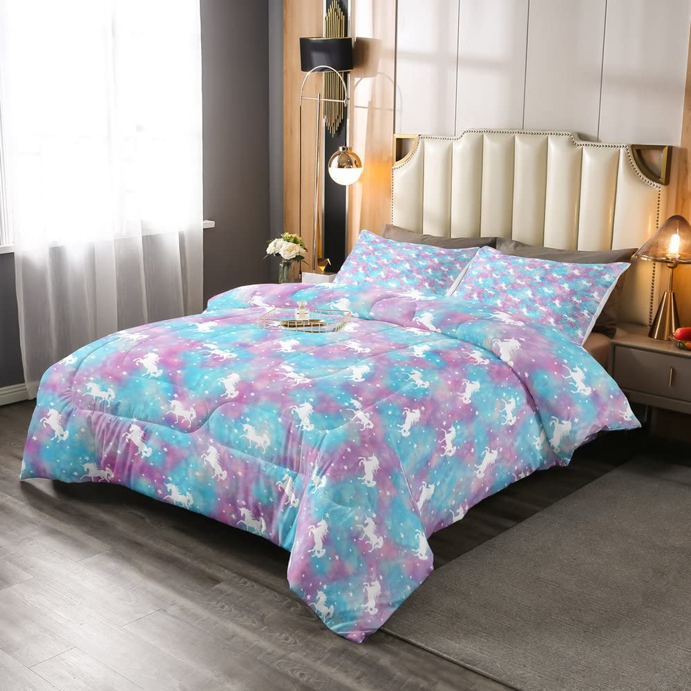 Loussiesd Unicorn Duvet Set for Kids Toddler Unicorn Bedding Set for Boys Girls Blue Purple Quilted Down Comforter Double Size - Image 2