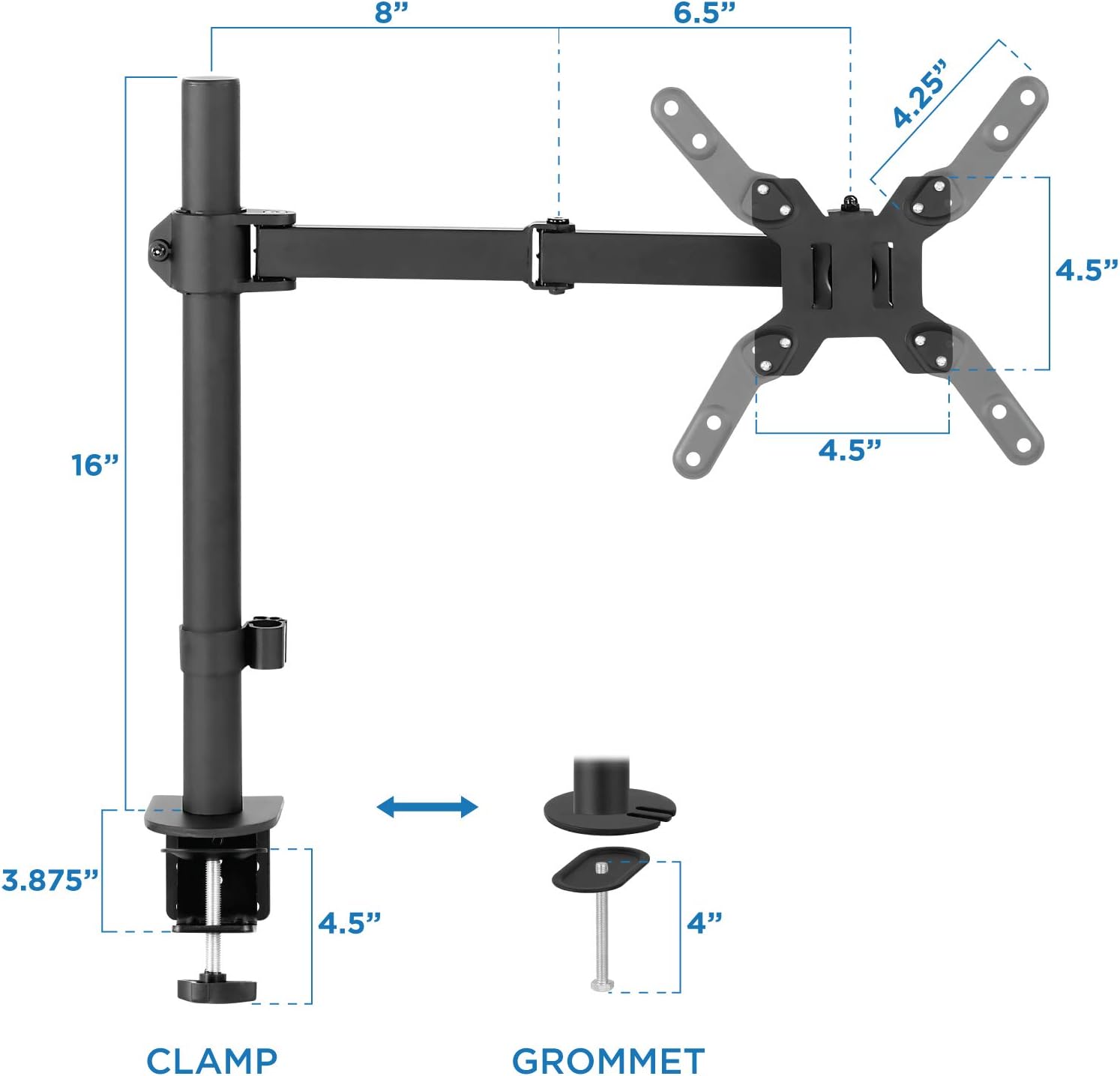 Mount-It! Large Monitor Desk Mount with VESA 200 (200x200, 200x100) Bolting Pattern, Fits up to 42 Inch and Ultrawide Monitors, Full Motion with Clamp and Grommet Base