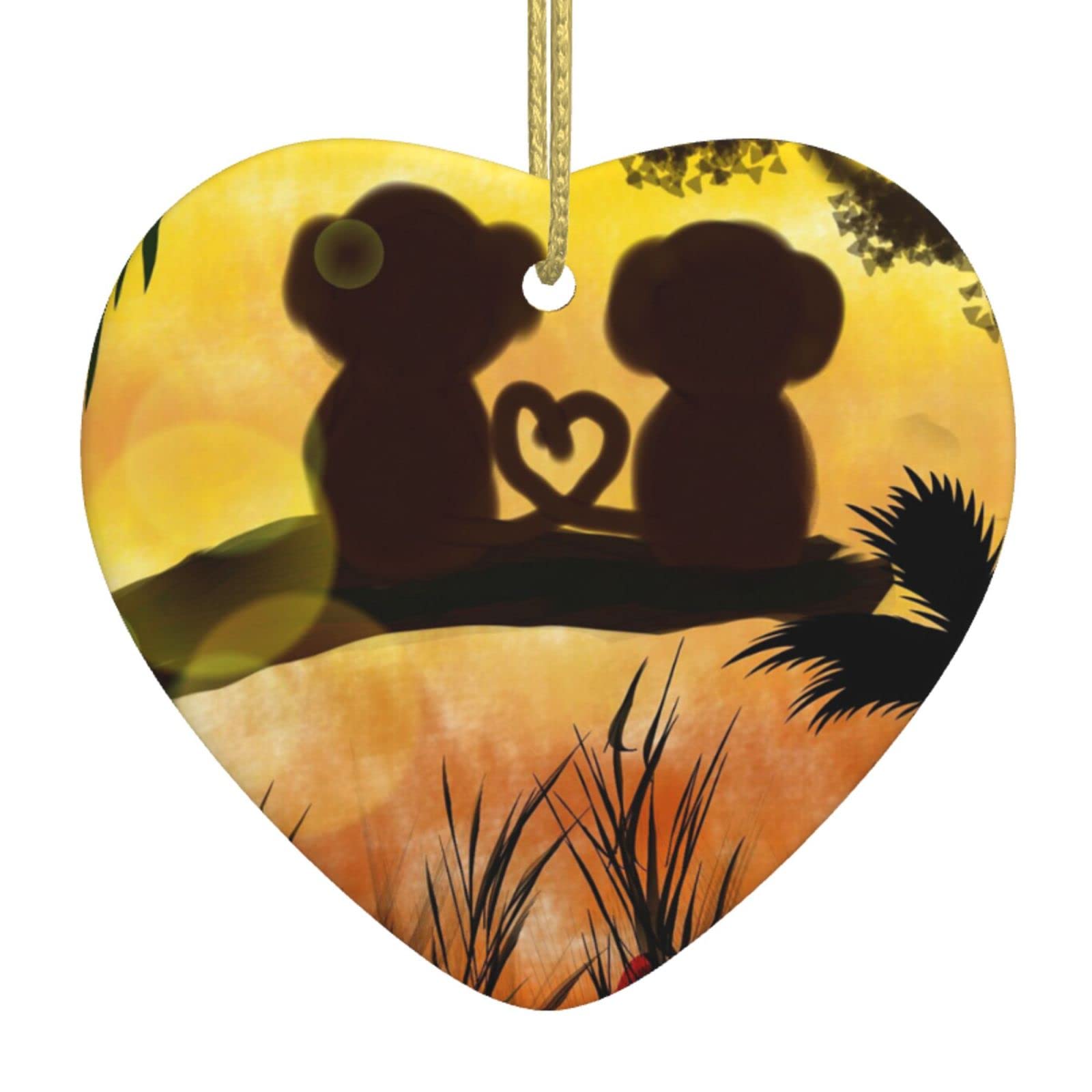 Cute Couple Monkey Print Personalized Heart Shape Christmas Tree Hanging Decorations Ceramic Ornaments Home Indoor Outdoor