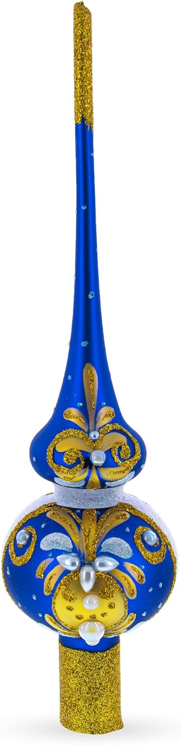 Dimensional White Pearls with Golden Leaves on Blue Blown Glass Christmas Tree Topper 11 Inches