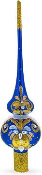 Dimensional White Pearls Golden Leaves on Blue Blown Glass Tree Topper | Mouth Blown German Glass, Hand Painted with Italian Paints in Ukraine