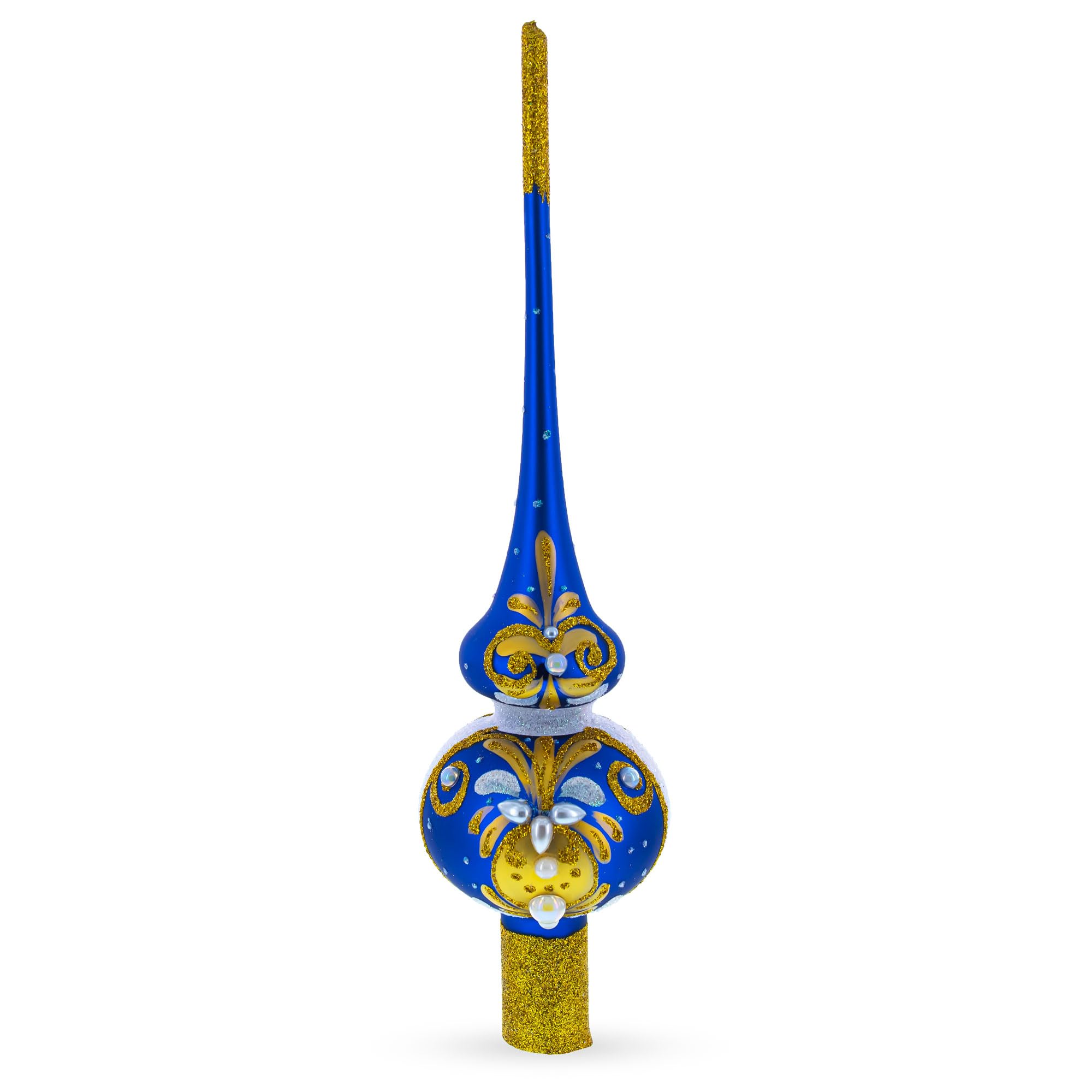 BestPysanky Bejeweled Gold on Blue Glass Christmas Tree Topper 11 Inches