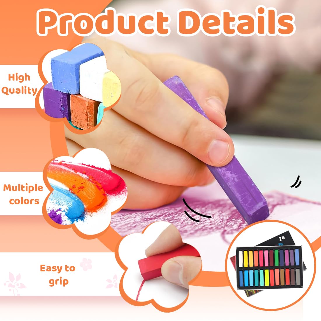 gesso senza polvere per bambini,24 pezzi di gessi colorati per strada non tossici, gesso lavabile per lavagna, disegno, scrittura, gioco all'aperto（A）