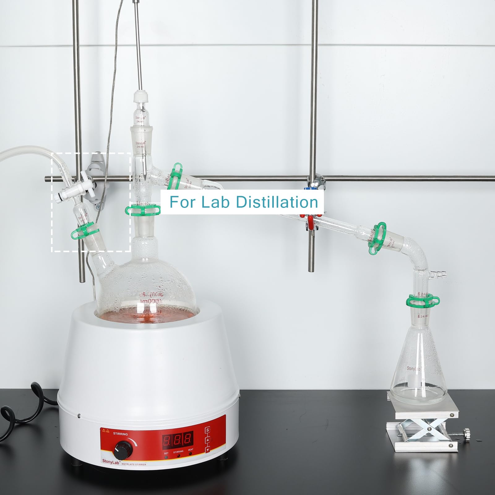 stonylab Adaptateur de Contrôle de Débit à Vide en Verre avec Robinet d'arrêt de PTFE et Joint 24/40 et Raccord de Tuyau Droit, Vacuum Flow Control Adapter Alimentation de Laboratoire