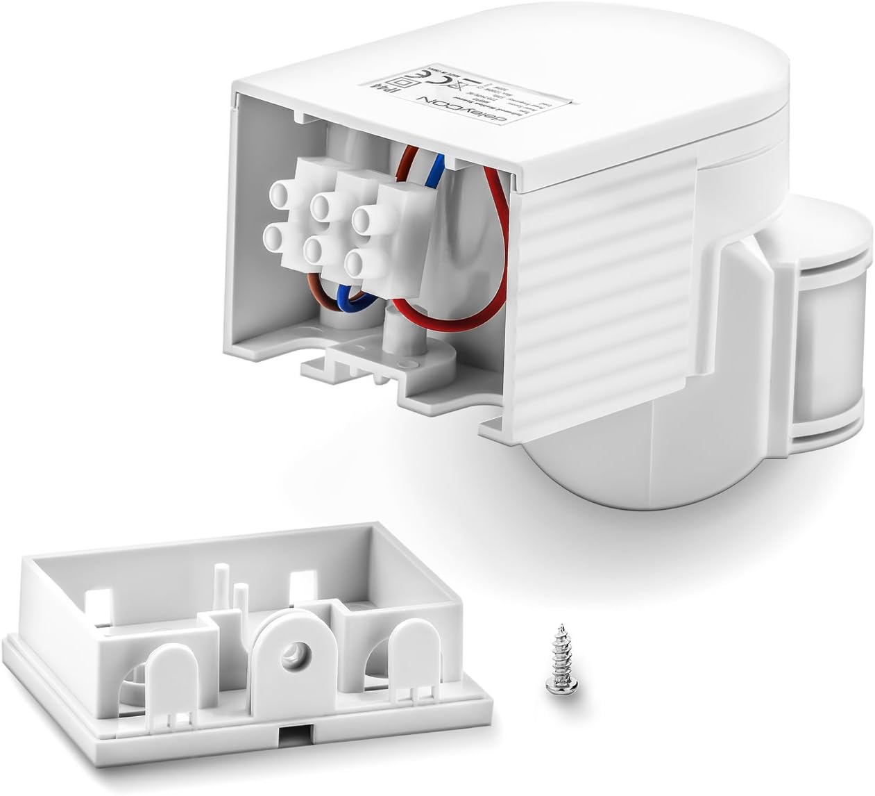 Indre view of the deleyCON motion detector showing the wiring terminal block with connected wires.