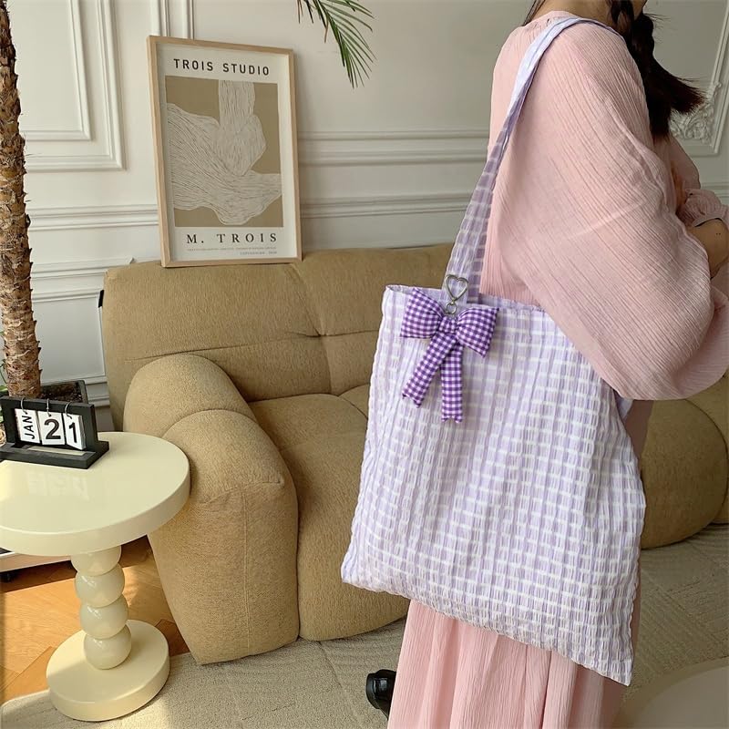 Image of Pink Bow Keychain Bag Charms Y2K Bowknot Plaid Keychains Coquette Aesthetic Purse Handbag Backpacks Charms (Purple)