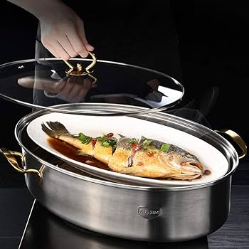 Fish Poacher Steamer Stainless Steel Pot Pan Oval Shape, Universal