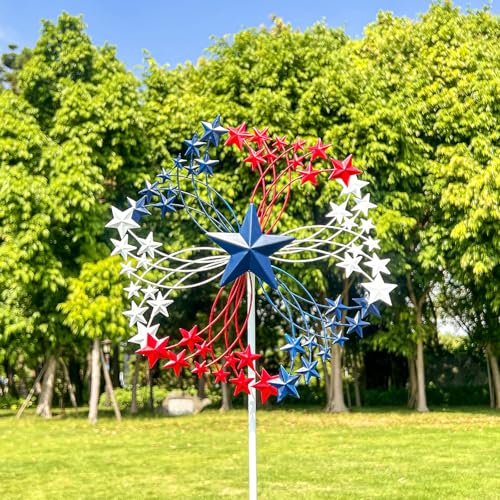 XLSWAIN 47.3” Red White & Blue Patriotic Wind Spinner – Star Design American Flag Spinner Outdoor – Metal Garden Spinners for Yard, Lawn & Patio...