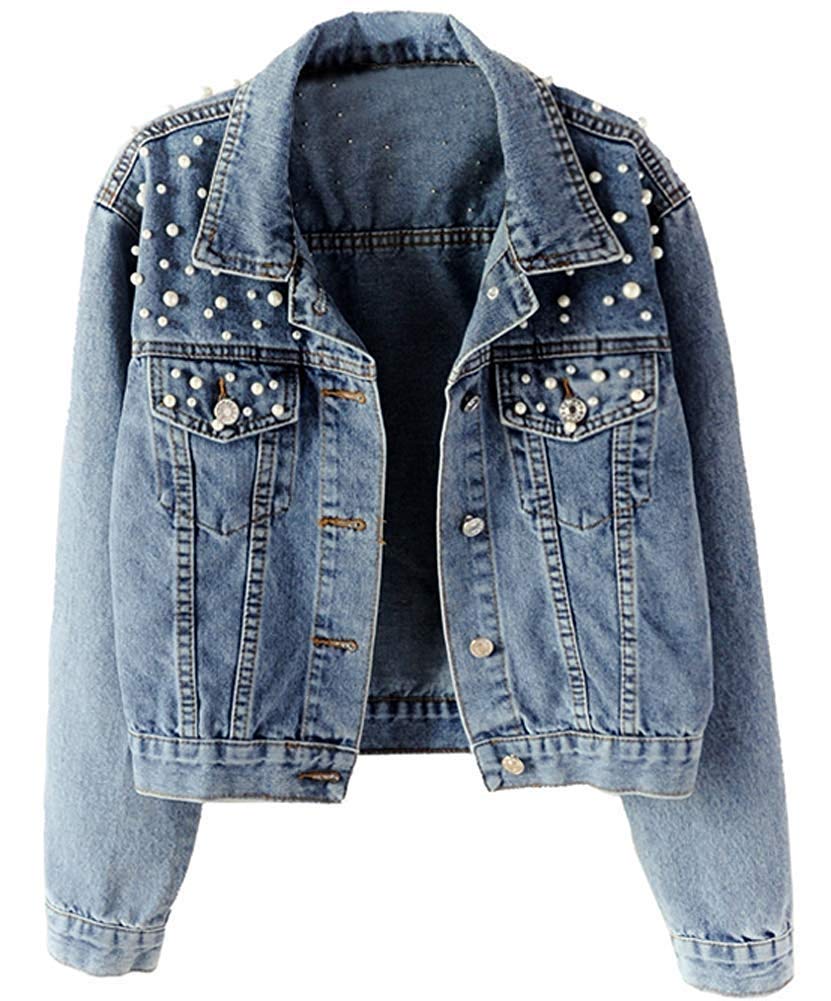 LazutomWomen Vintage Denim Jacket Pearls Beading Jeans Coat