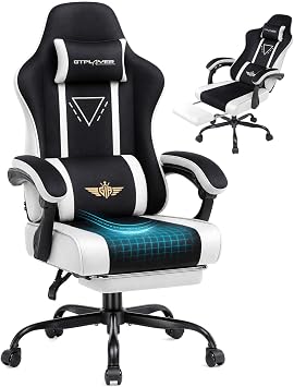 GTPLAYER Video Gaming Chair Fabric, Ergonomic Computer Chair with Footrest and Pocket Spring Cushion, Height Adjustable Video Gamer Chair with Lumbar Support for Adults, White