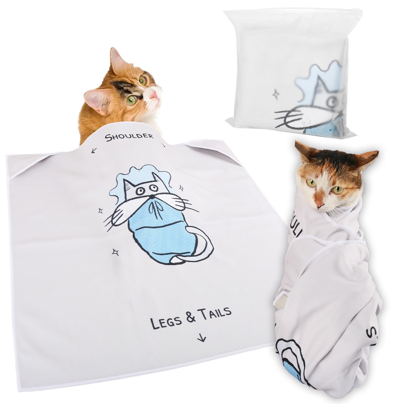 Cat Grooming Wrap: Premium Cat Wrap for Cutting Nails 2025 Thicker Upgraded, Self-Adherent Texture Hand Pocket Designed for Anti-Bite/Scratch, Eco-Friendly Dyed Funny Instruction & Pattern (Size L)