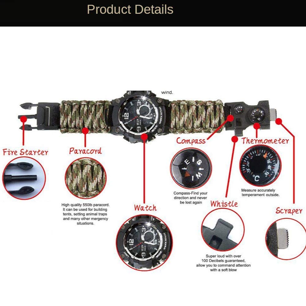 Multifunktionale wasserdichte militärische Taktische Paracord-Uhr Outdoor-Überlebensuhr für Herren Sport-Armbanduhren mit Kompass-Thermometer für Outdoor-Sportcamping