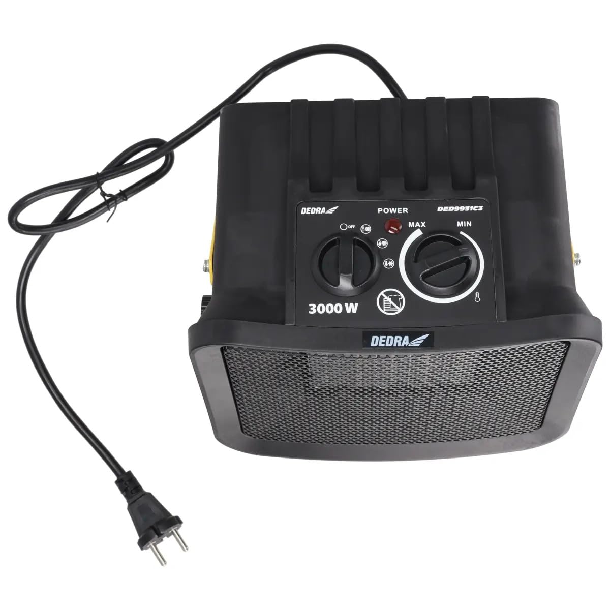 DEDRA Calefactor eléctrico PTC 3,0 kW, cuadrado, negro, con soporte, elemento calefactor cerámico, termostato, protección contra sobrecalentamiento, tres modos de funcionamiento, ángulo ajustable