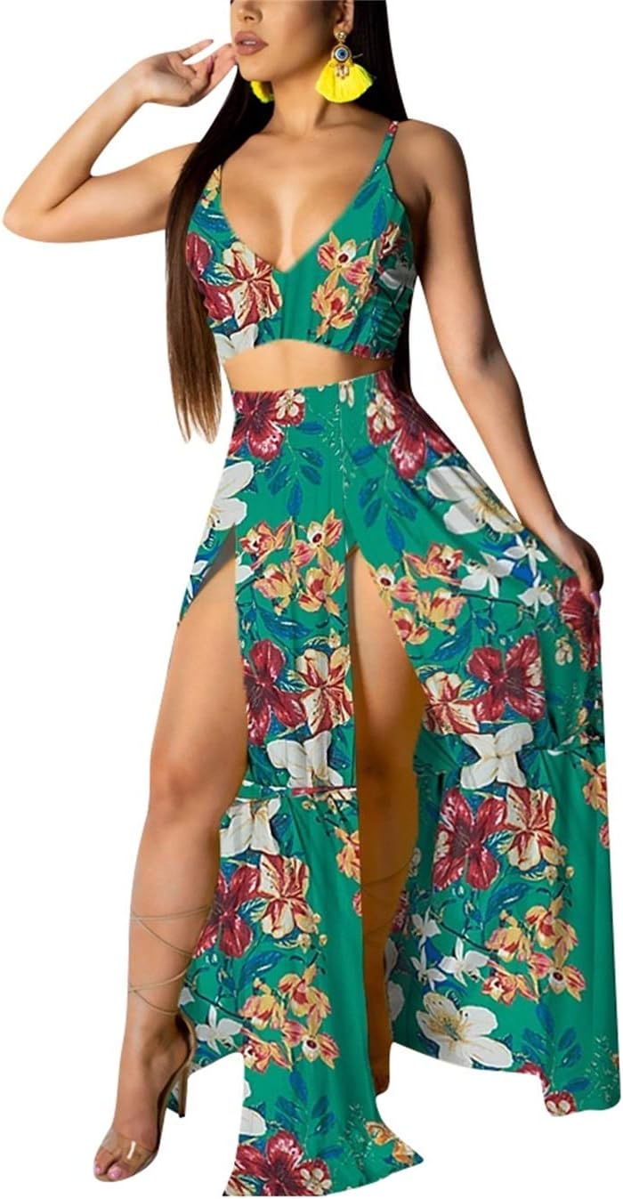 EOSIEDUR Women's Chiffon Bohemian Floral Printed 2 Piece Sets Crop Cami Top & Split Beach Party Maxi Dress