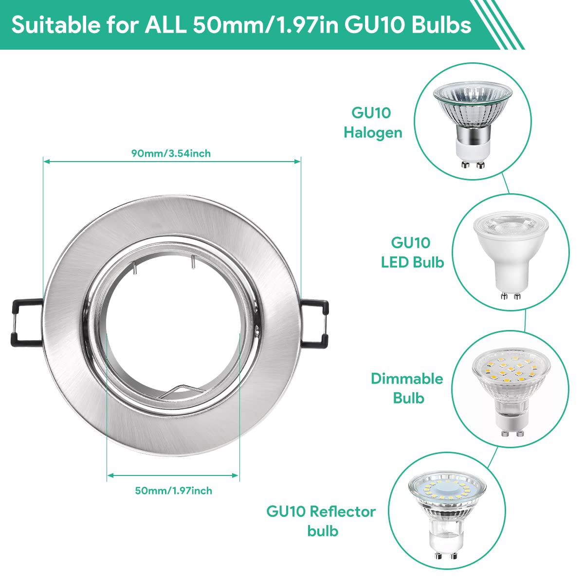 Tailcas Ramki punktowe do zabudowy GU10 szczotkowane metalowe obrotowe, zestaw 10 szt | Ø 90 mm, wycięty reflektor sufitowy 70-80 mm, w zestawie 10 nasadek GU10 230 V, kąt 30°, żarówki nie są dołączone