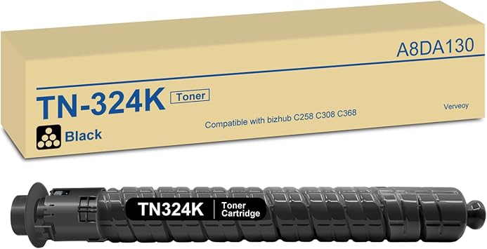 TN324 TN-324 TN324K A8DA130 Black Toner Cartridge 1-Pack Replacement for Konica Minolta TN-324 TN324K A8DA130 Toner Cartridge for Bizhub C258 C308 C368 Printer Cartridge 28,000 High Page Yield